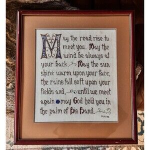 VTG Cross Stitch Sampler Framed Cottagecore 22”x20” Irish Blessing sampler 1986